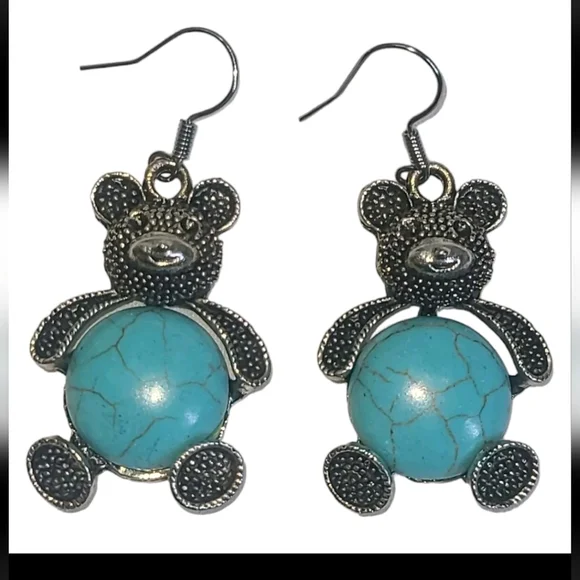 Turquoise & Silver Tone Teddy Bear Dangle Earrings - Picture 1 of 5